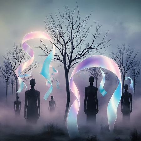 This evocative image depicts a serene yet ethereal landscape where silhouetted figures stand amongst bare trees, enveloped in a soft mist. Luminous, ribbon-like forms, shimmering wの素材