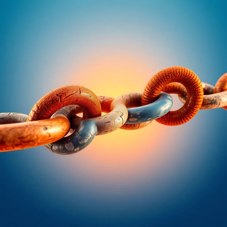 Rusty chain on blue sky background. 3d render illustration.の素材