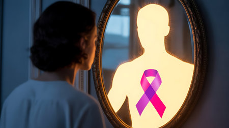 Mid section of woman looking at breast cancer awareness ribbon in mirror at homeの素材