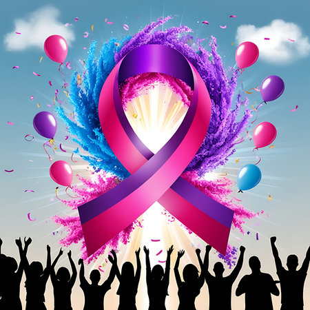 Breast Cancer Awareness Ribbon with Crowd of People. Vector Illustrationの素材