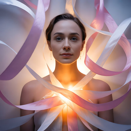 Beautiful young woman with bright colorful ribbons around her neck.の素材