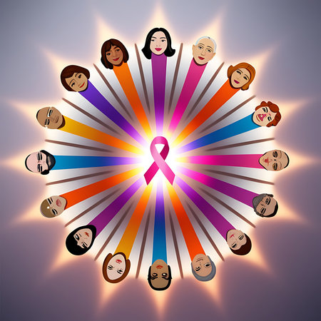 Breast Cancer Awareness Ribbon and Group of People. Vector Illustration.の素材
