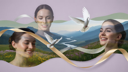 Composite image of happy women looking at each other against mountain landscapeの素材