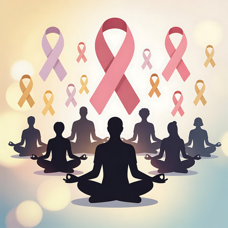 Breast cancer awareness month concept with people meditating in lotus positionの素材