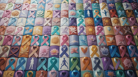 Colorful ribbons on the wall as a symbol of breast cancer awarenessの素材
