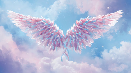 Valentine's day greeting card with pink wings on sky backgroundの素材