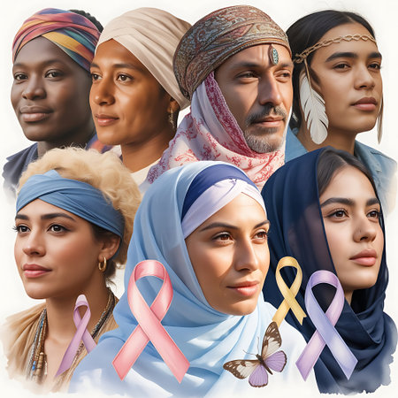Multiethnic group of people with breast cancer awareness ribbons.の素材