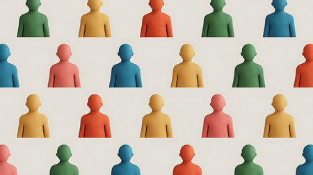 3d rendering of multicolored people in a row on white backgroundの素材