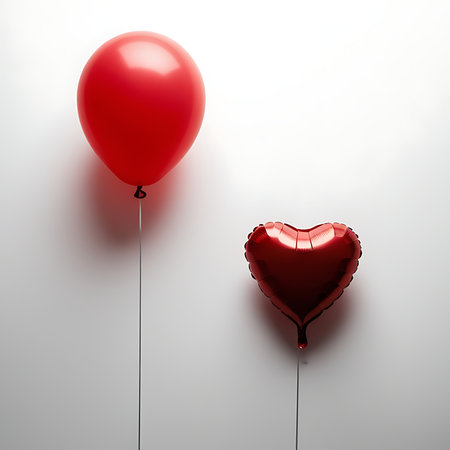 A shiny red heart-shaped balloon floating against a clean white background, symbolizing love and romantic celebration for Valentineâs Day.の素材