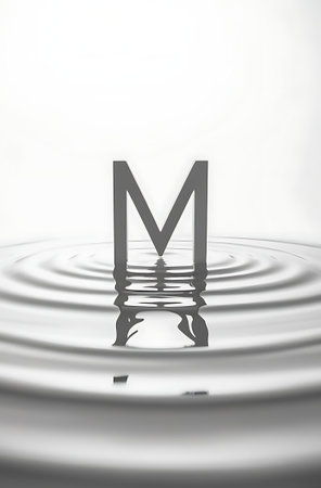 Letter M on a drop of water with ripples and ripplesの素材