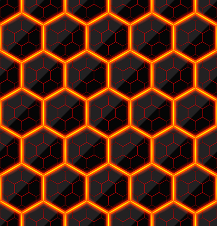 Hexagons of black stone with hot streaks of energy. Seamless texture. Technology seamless pattern.のイラスト素材