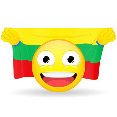 Emoji fan holds in hands flag behind his head. Lithuanian flag. Fan cares for his country. Glory spectator bawl emotion. Exult emoticon. Buff of sports games smile vector illustration.のイラスト素材
