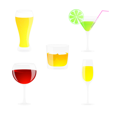 Set of of alcoholic drinks. Beer, cocktail, wine, champagne, whiskey illustration. Isolated on white. Cartoon style.のイラスト素材