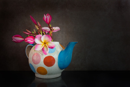Beautiful flower plumeria or frangipani in fancy baked clay teapot on still life dark backgroundの写真素材