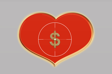 Big red heart with dollar symbol inside and target sign backgroundの写真素材