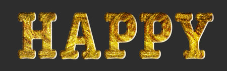 Isolated shining glitter golden yellow bokeh style text happy on plain backgroundの写真素材