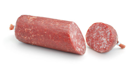 Fresh smoked sausage with fat isolated on white.の写真素材
