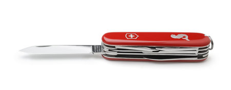 Samara, Russia - December 2021. Victorinox Spartan Swiss Army red folding knife isolated on white.のeditorial素材