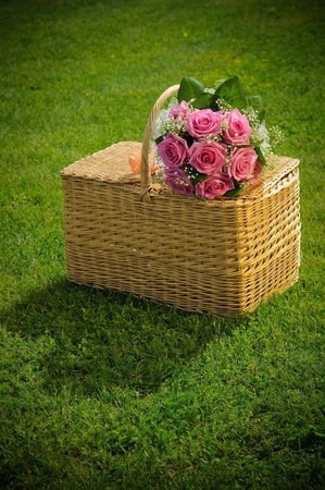 wedding roses bouquet on a basketの写真素材