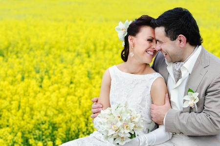 Newly-married couple kissing on the background of rape fieldの写真素材
