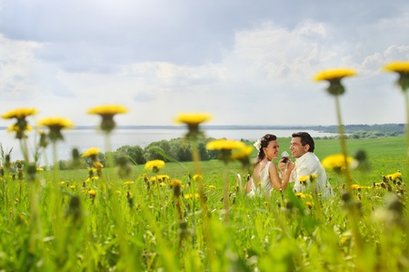 wedding couple drink a wine and smiling on a grassの写真素材