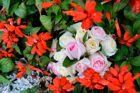 Wedding rings on a bouquet of rosesの写真素材