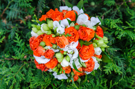 Wedding bouquet of red and white rosesの写真素材