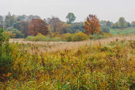 Autumn landscape panorama photography, the European part of the Earth. Druya, Belarus. Rural landscape with a rainy sky. Green field and village on the horizonの写真素材