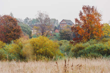 Autumn landscape panorama photography, the European part of the Earth. Druya, Belarus. Rural landscape with a rainy sky. Green field and village on the horizonの写真素材