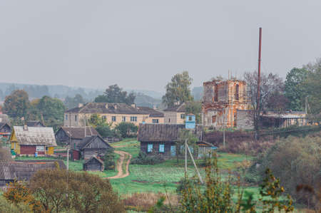 View of the village Druya, Belarus. Autumn nasty dayの写真素材