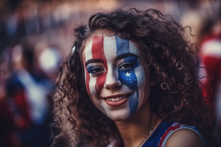 Joyful fan girl in the colors of the U.S in a crowd of fans. Flag of USA on his face. Generative aiの素材