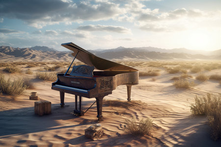 Vintage grand piano at sunset in desert. Sand and sky. Generative AIの素材