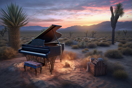 Vintage grand piano at dusk in desert. Sand and sky. Generative AIの素材