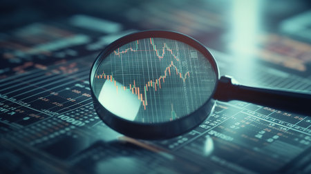Magnifying glass and documents with analytics data lying on table. Business analyzing concept. Background business concept. Generative AIの素材
