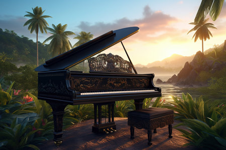 Vintage grand piano at sunset in tropic. Sea and sky. Generative AIの素材