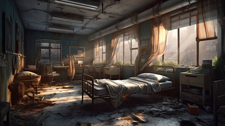 Interior of abandoned hospital after post-apocalyptic. Generative AIの素材