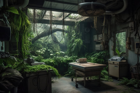Jungle in abandoned hospital after post-apocalyptic. Generative AIの素材