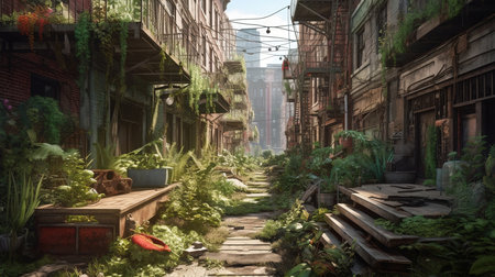 Concept art illustration of post apocalyptic city overgrown with lush vegetation. Generative AIの素材