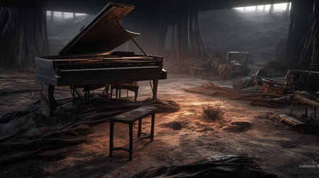 A Grand piano in a abandoned destroyed room, left house, spooky mystical mood, after post-apocalyptic. Generative aiの素材