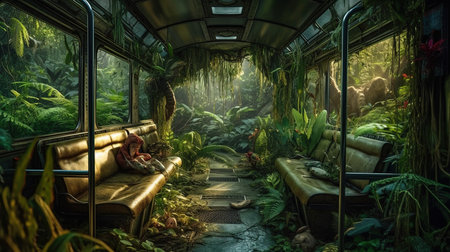 Jungle in abandoned bus after post-apocalyptic. Generative AIの素材