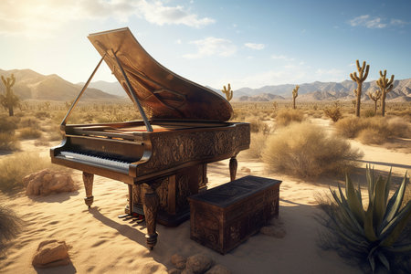 Vintage grand piano at sunset in desert. Sand and sky. Generative AIの素材