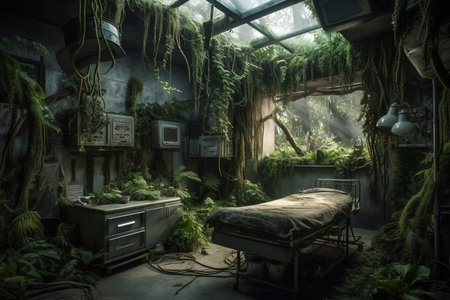 Jungle in abandoned hospital after post-apocalyptic. Generative AIの素材