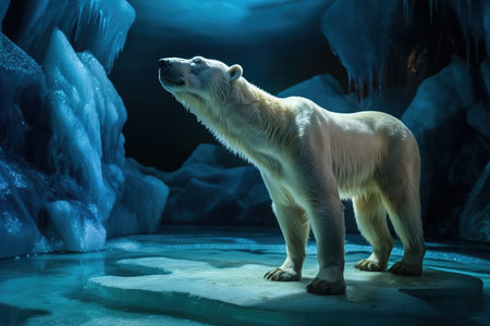 Global warming, concept with lone polar bear standing on small iceberg in the middle of the north ocean at night, Generative AI illustrationの素材