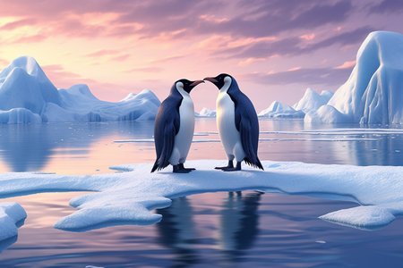 Two penguins stand on melting ice in Arctic Ocean at dusk at sunset, global warming concept, world global planet climate change. Two cute emperor penguins confused by ice melting. Generative AIの素材