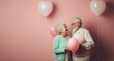 A married couple of pensioners who are happy in love and have a matching outfit of pastel colors. Love that lasts forever. Grandparents holding a heart shaped balloon. Space for text. Generative AIの素材