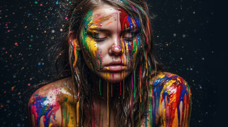 Fashion photography of the woman with the paint splattered on her face. Beautiful Young Woman with Creative Splattered Makeup. A splash of colorful paint. Generative AIの素材