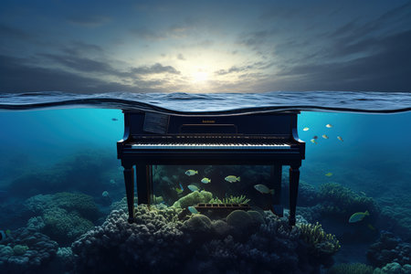 Surreal sea scene with piano underwater at sunset. Sea and sky. Generative AIの素材