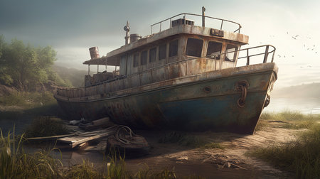 Abandoned shipwreck, wreck of old rusty ship or boat after post-apocalyptic. Generative aiの素材