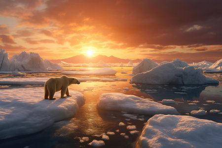 Global warming, concept with lone polar bear standing on small iceberg in the middle of the ocean, Generative AI illustrationの素材