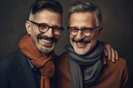 Two gay men hugging and smiling. The gays are happy. Gays are happy in love. Love that lasts forever. Generative aiの素材
